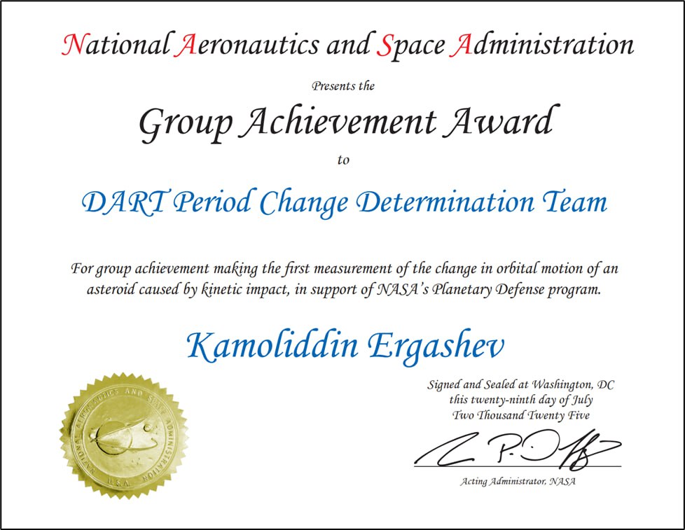 Ўзбек олимлари NASAнинг халқаро мукофоти билан тақдирланди