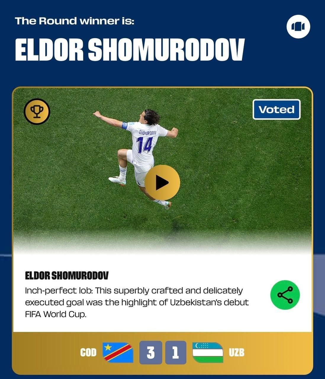 Eldor Shomurodovning goli guruh bosqichining eng chiroyli goli deb topildi