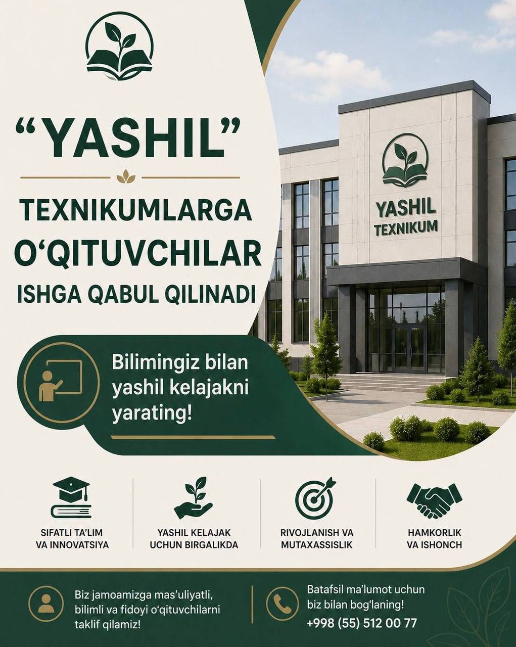 Respublika bo‘ylab “yashil” texnikumlarga o‘qituvchilar tanlovi e’lon qilindi