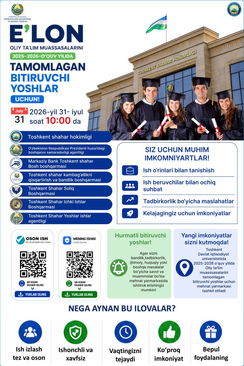 Bitiruvchi yoshlar uchun mehnat yarmarkasi o‘tkaziladi