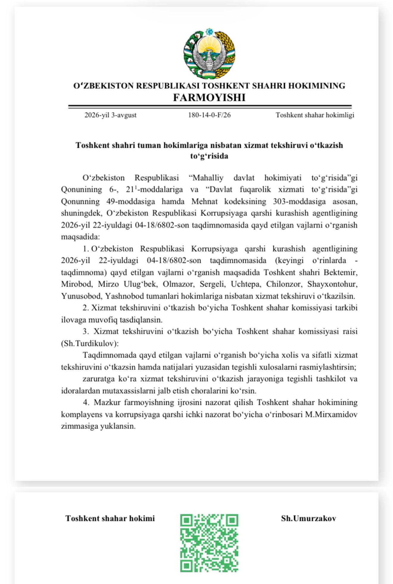 Poytaxtning 10 nafar tuman hokimiga nisbatan xizmat tekshiruvi oʻtkaziladi