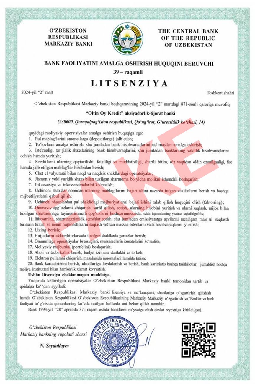 Markaziy bank: “Oltin Oy Kredit” aksiyadorlik-tijorat banki mavjud emas